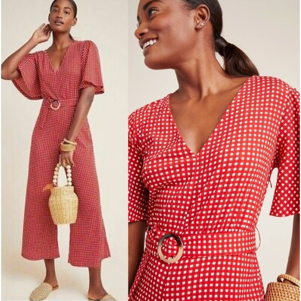 Anthropologie Ett:twa Margaret Jumpsuit Size 2 Red White Check Gingham - Picture 3 of 9